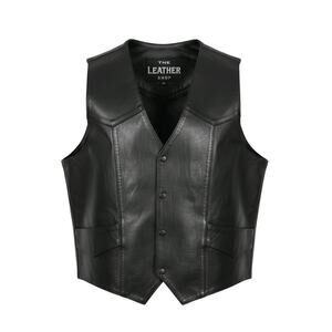 The Leather Shop Vest Mens Black Leather Lined Pockets Size 54 2XLT Vintage